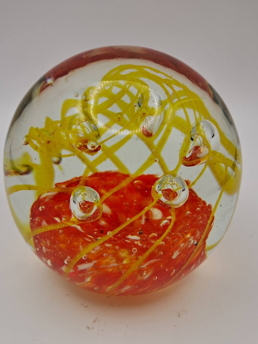 Vintage Art Glass Paperweight Controlled Bubble Spatter Orange Yellow Swirl 2.75